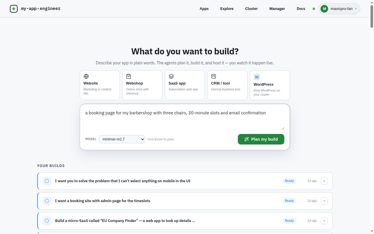 The builder home page with the five build types, the prompt box holding the barbershop example, a model picker and the Plan my build button.