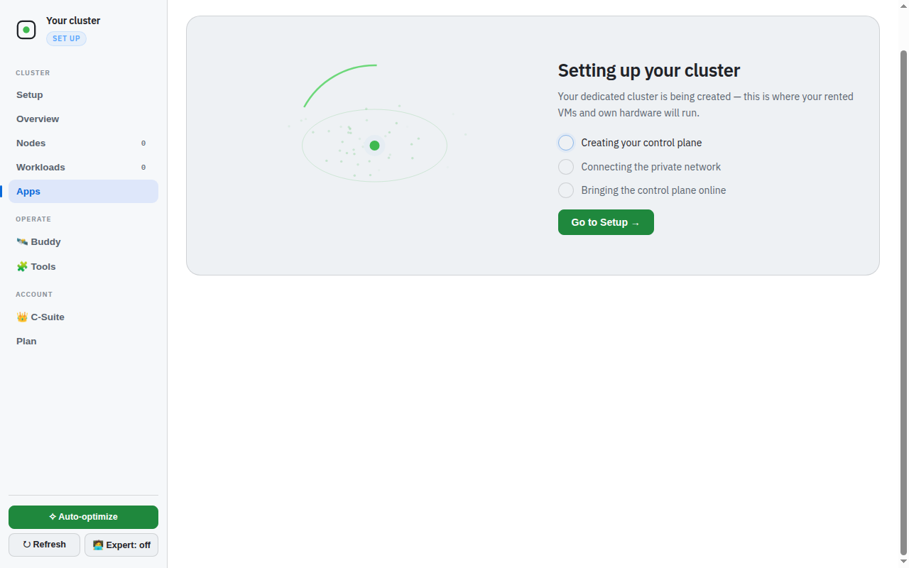 Engineer/#cluster and clicked "Apps" in the left sidebar as instructed. The Apps tab was selected (confirmed by the ✓ marker), but instead of a list of running applications, the screen shows the cluster is still being provisioned —