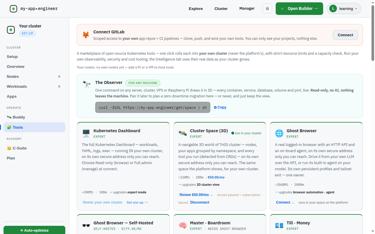 Engineer/#cluster and confirmed the Tools tab was already selected. The catalogue of cluster tools had loaded, showing tools like Kubernetes Dashboard, Cluster Space (3D),, Master Boardroom, Till Money, Brand, Market, Social, Bounty
