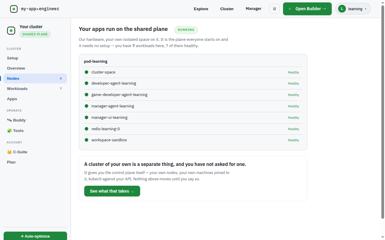 Engineer/#cluster and clicked "Nodes" in the left sidebar as the tour instructed. The Nodes tab loaded, but the node list is empty — the page shows 0 nodes and states "A cluster of your own is a separate thing, and you have not asked for