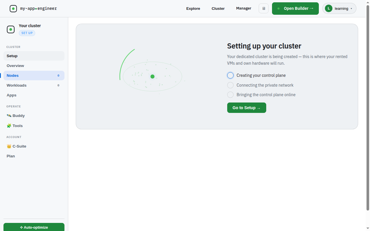 Engineer/#cluster and clicked the "Nodes" tab in the left sidebar as instructed. The node list loaded but shows 0 nodes — the cluster is still in setup state with a "Go to Setup →" prompt. The tour expected nodes including a machine joined